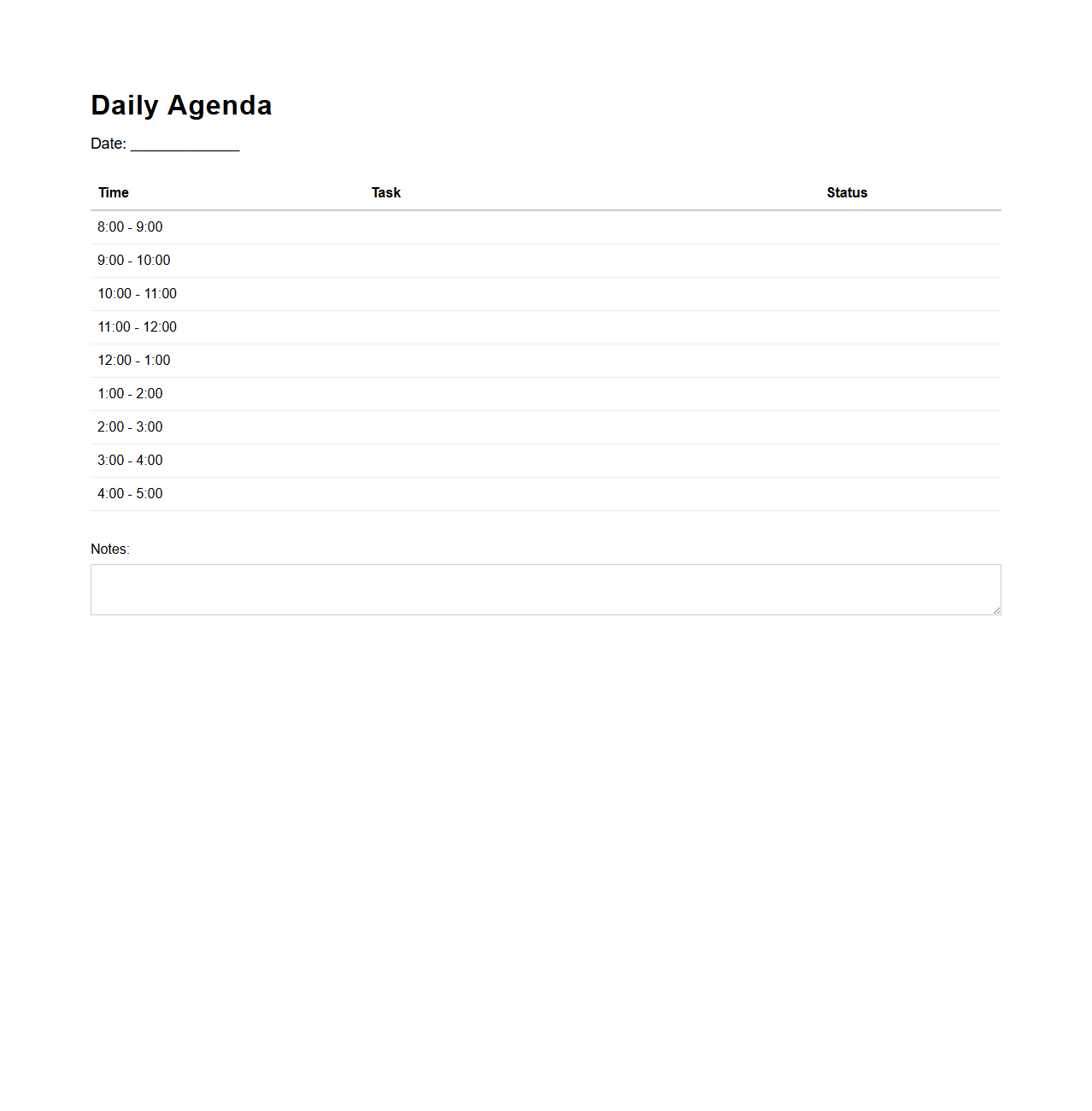 Simple Task-Based Daily Agenda Template