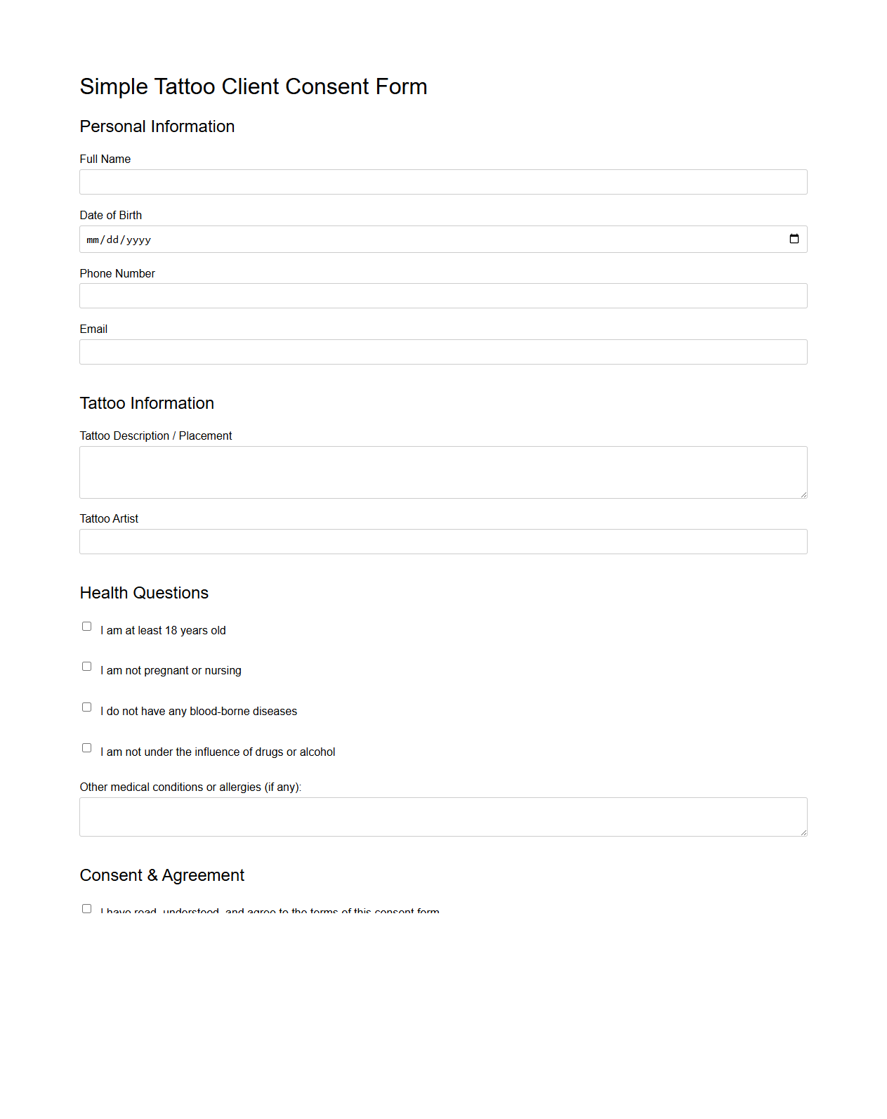 Simple Tattoo Client Consent Form