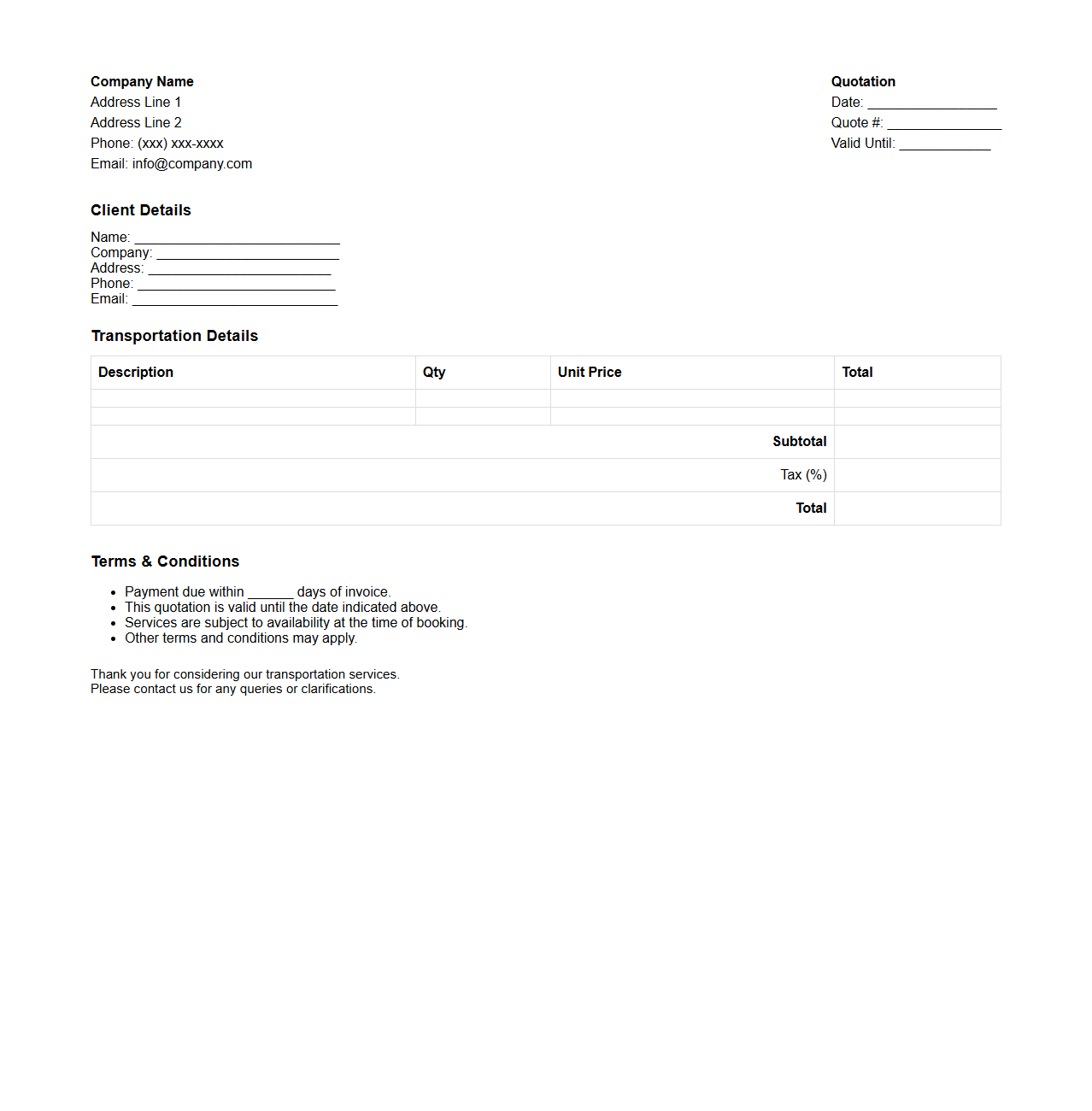 Simple Transportation Quotation Template