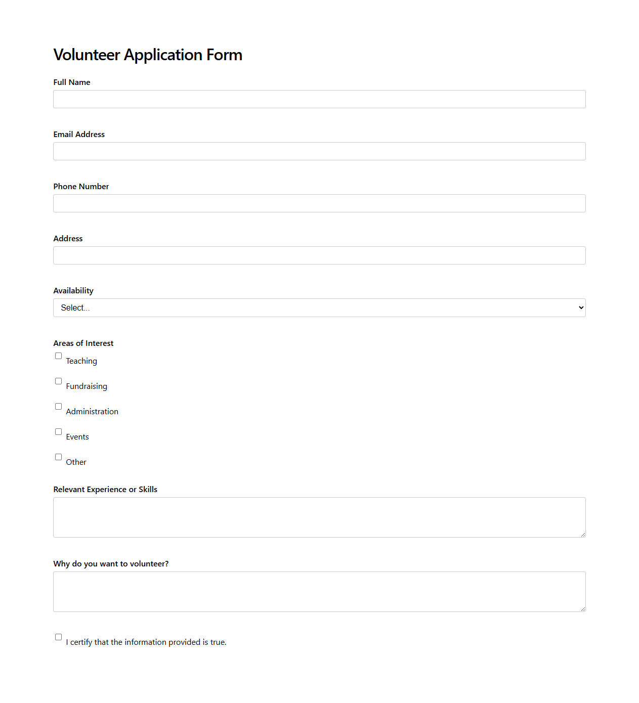 Simple Volunteer Application Form Template for Nonprofits