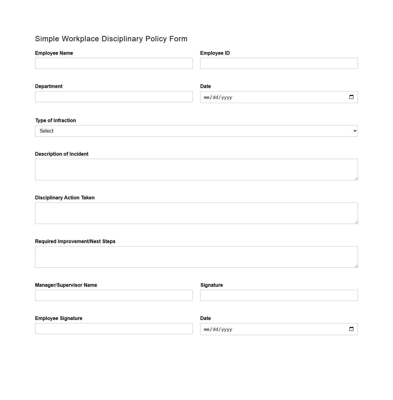 Simple Workplace Disciplinary Policy Form