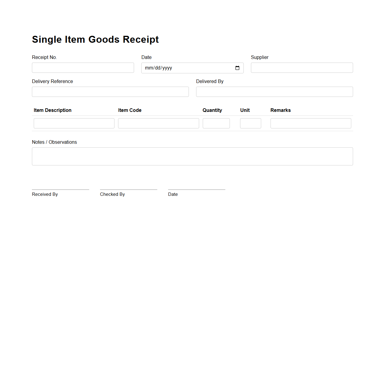 Single Item Goods Receipt Template