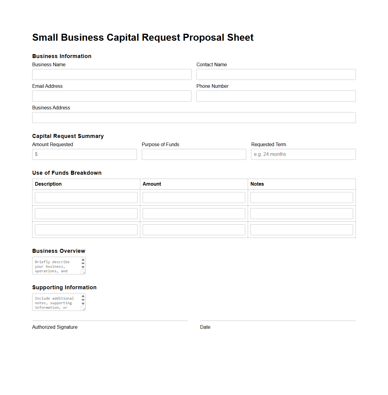 Small Business Capital Request Proposal Sheet