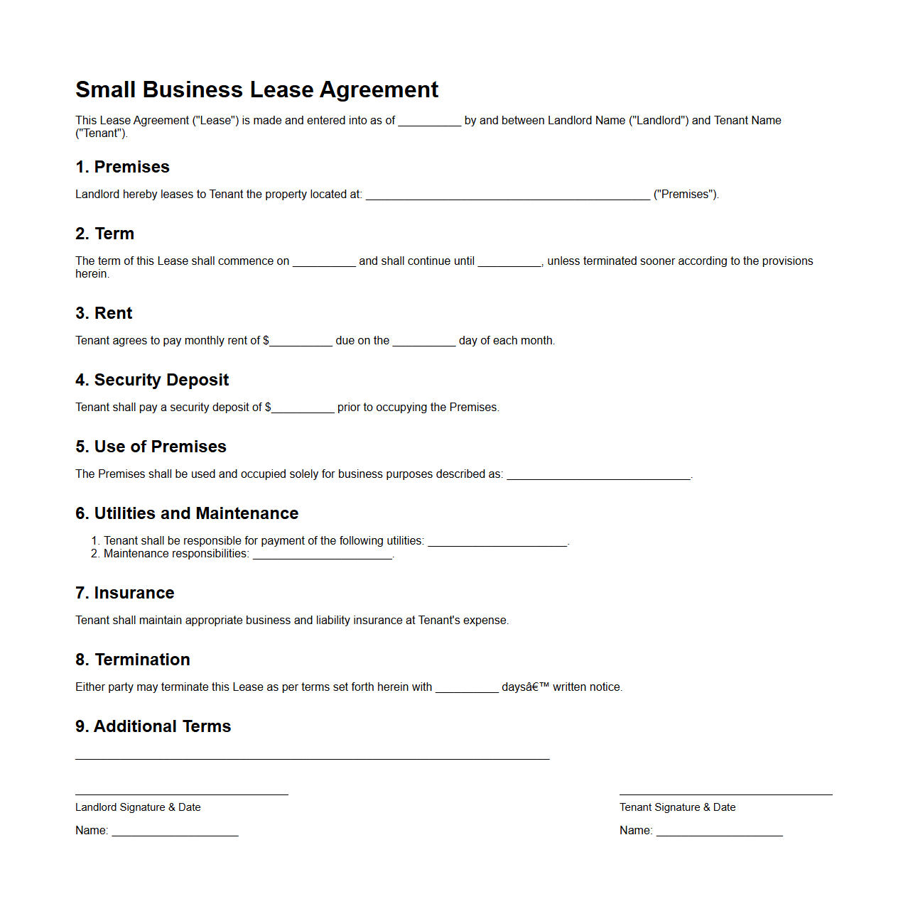 Small Business Lease Template