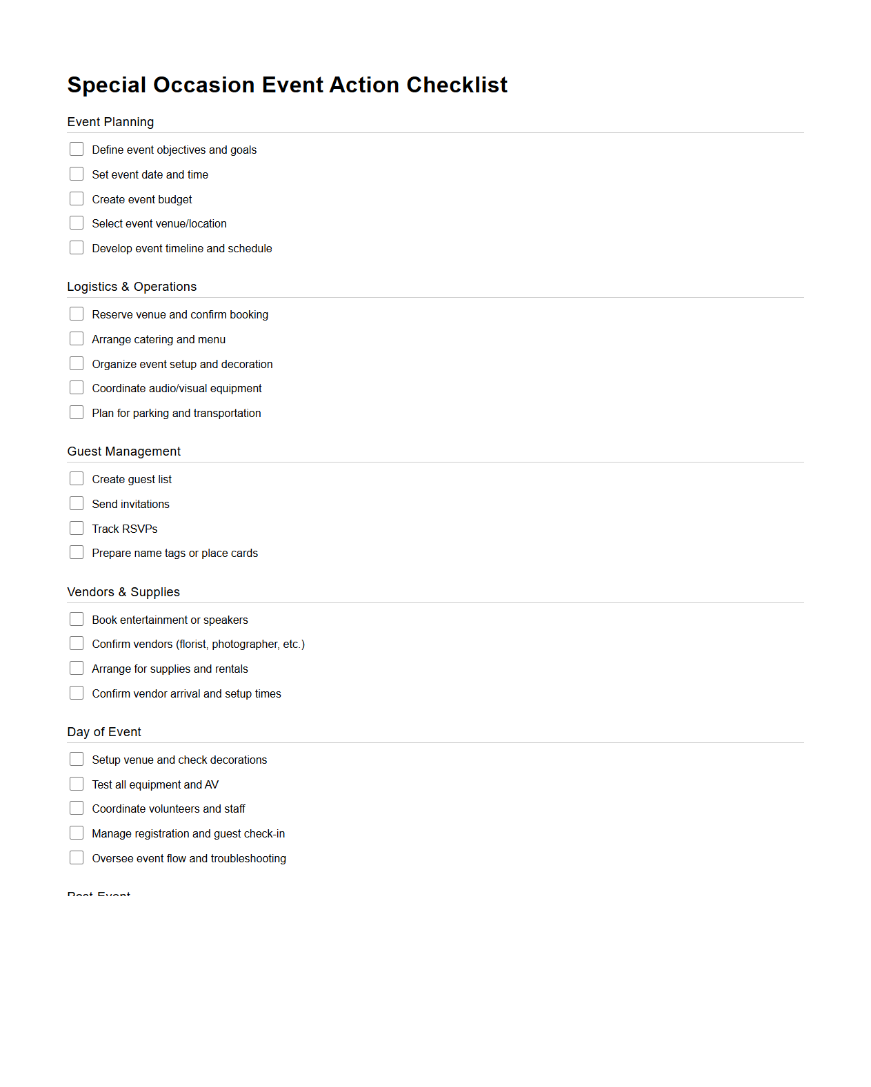 Special Occasion Event Action Checklist
