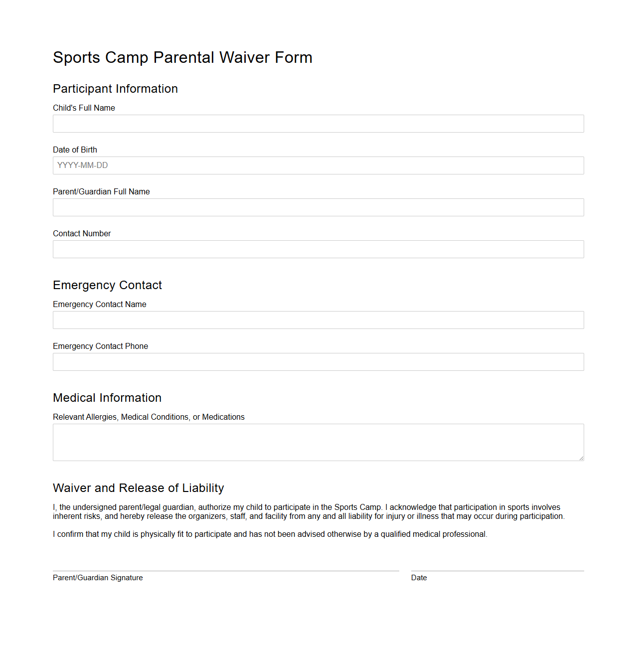 Sports Camp Parental Waiver Form