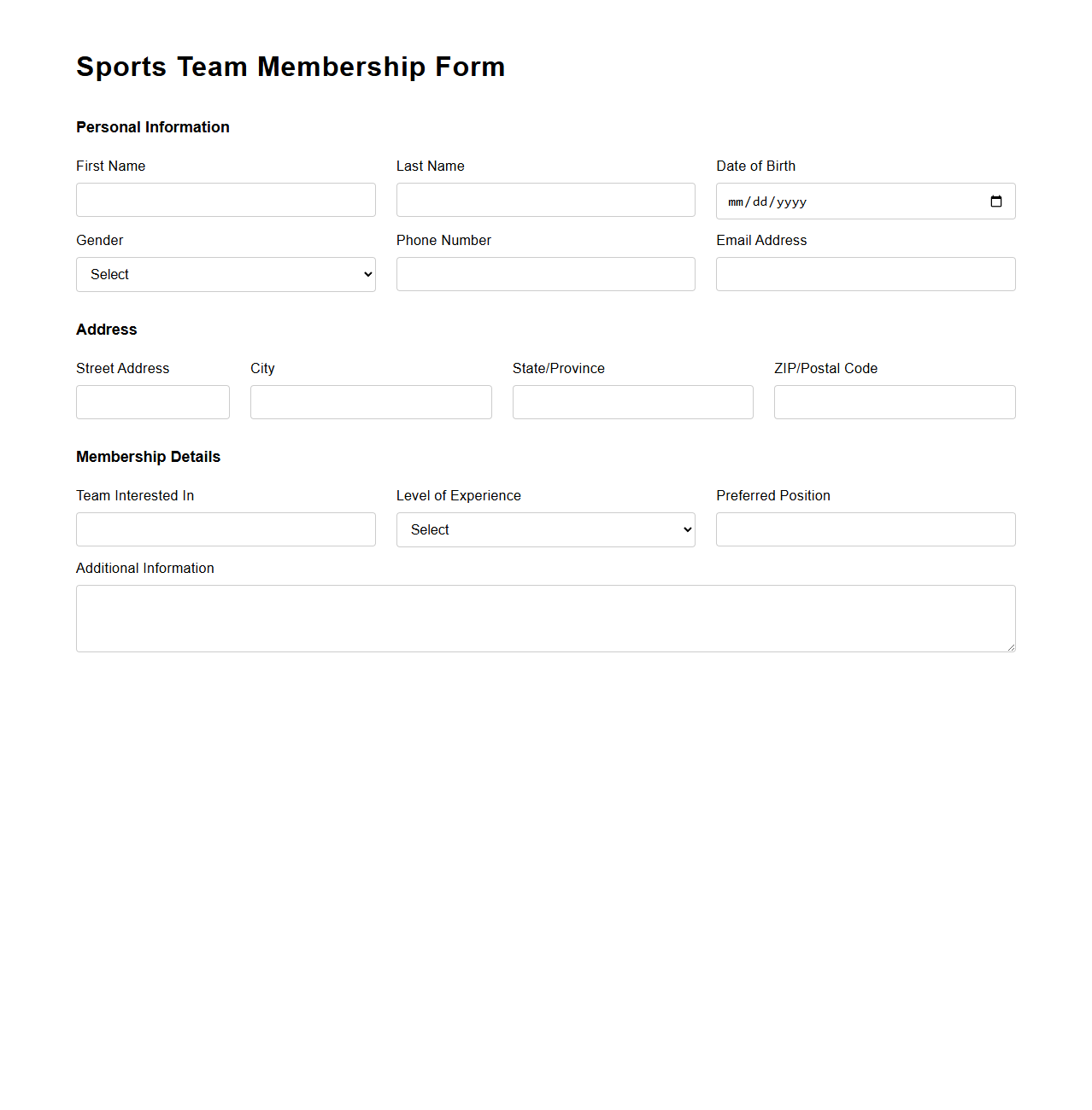 Sports Team Membership Form Template