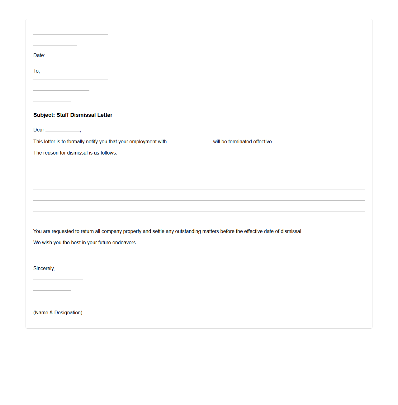 Staff Dismissal Blank Letter Format