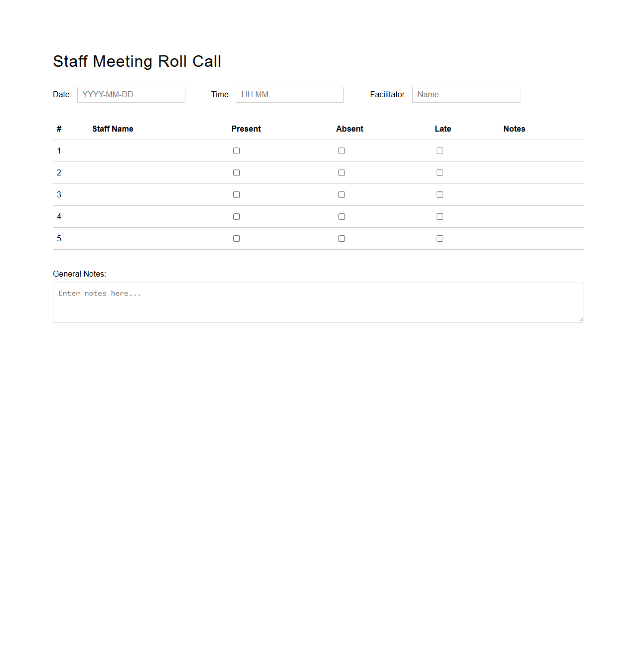 Staff Meeting Roll Call Template