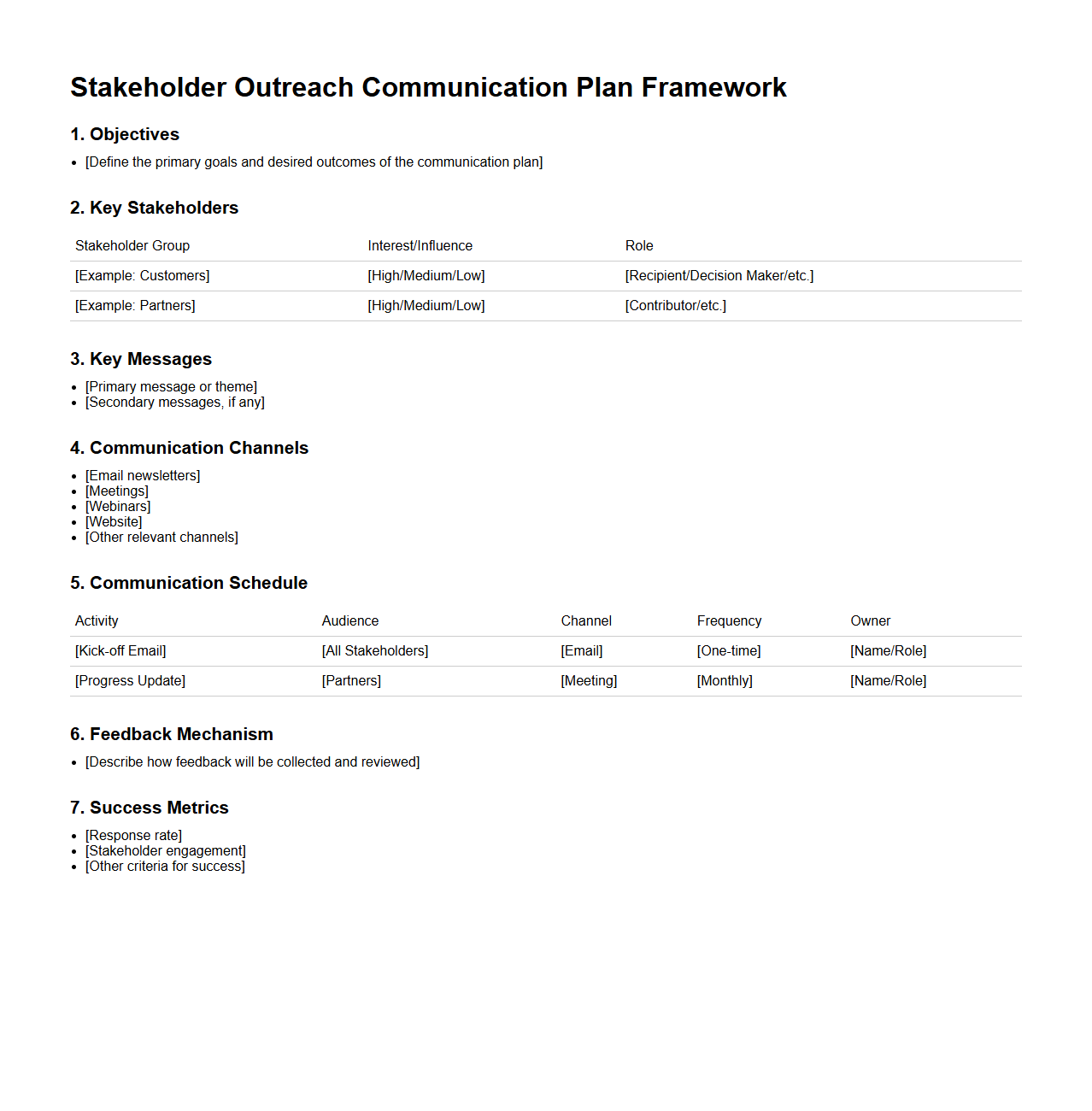 Stakeholder Outreach Communication Plan Framework