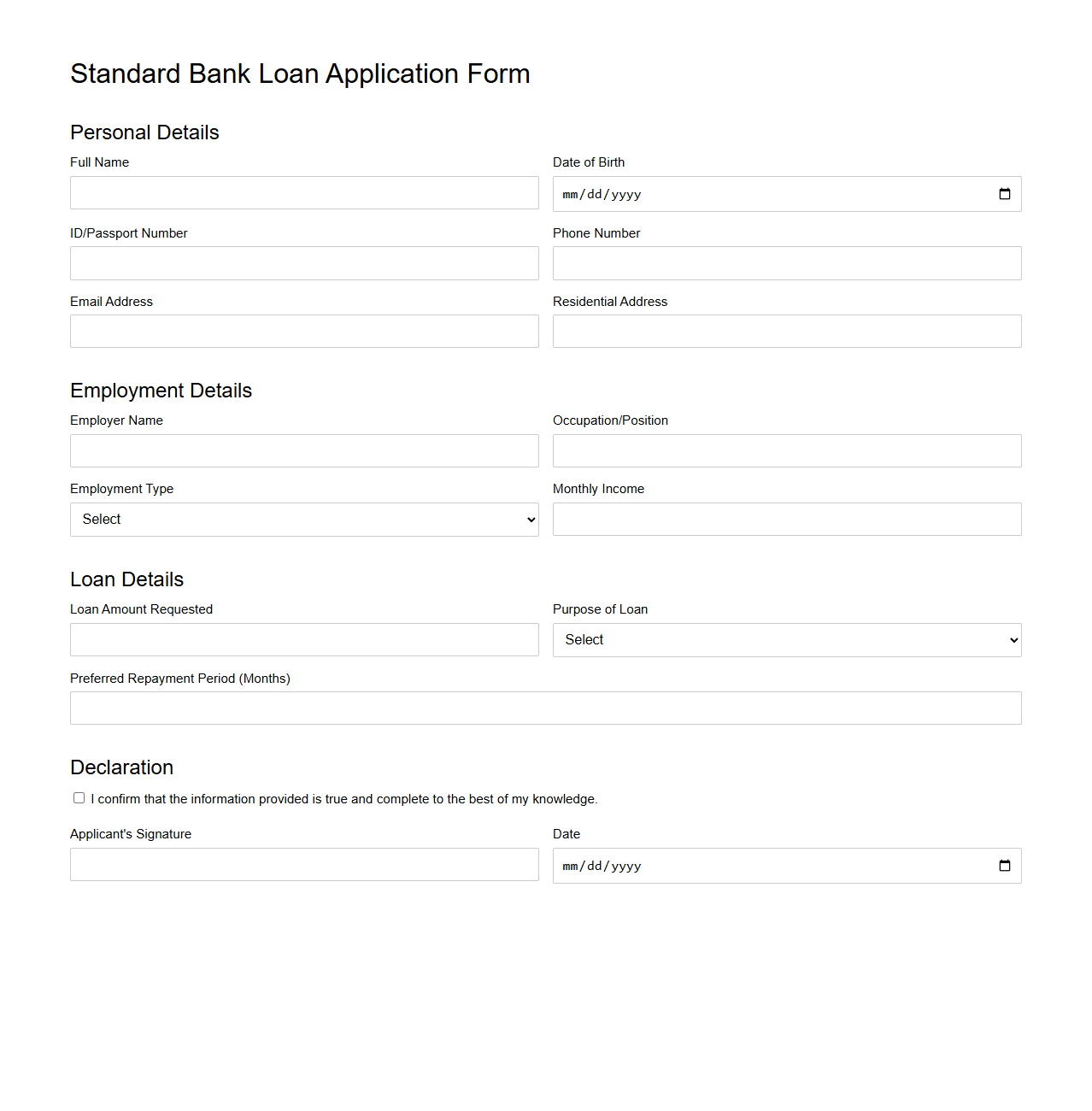 Standard Bank Loan Application Format