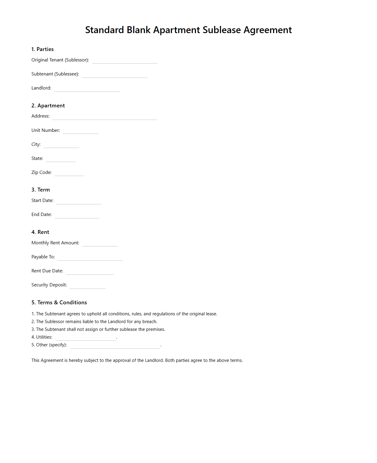 Standard Blank Apartment Sublease Agreement