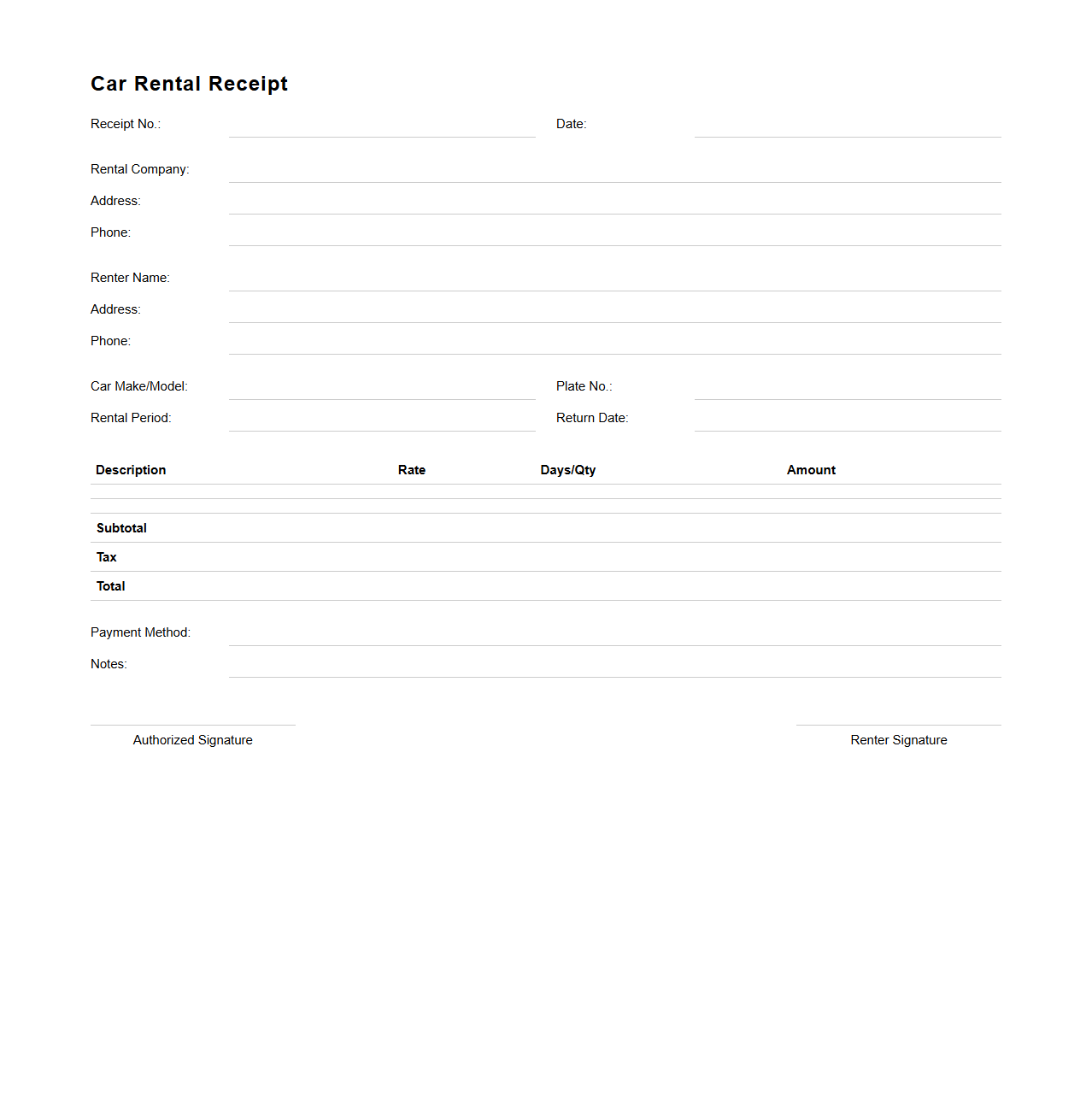 Standard Blank Car Rental Receipt Template