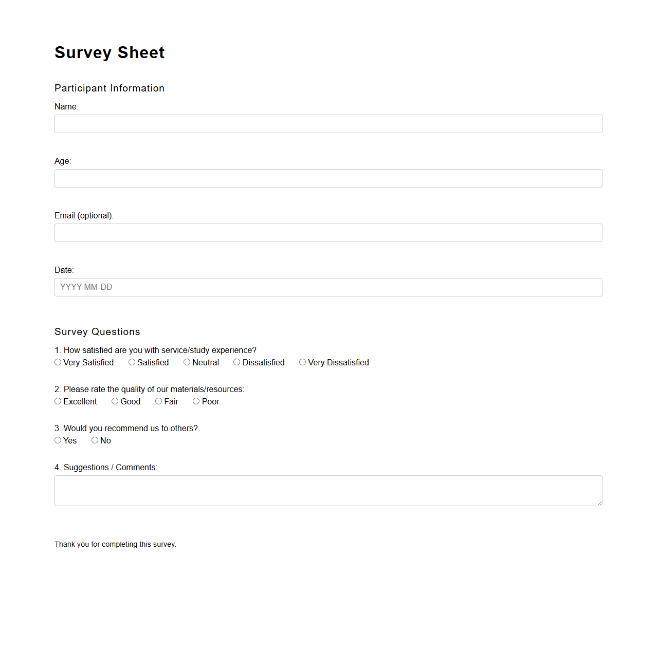 Standard Blank Survey Sheet for Studies
