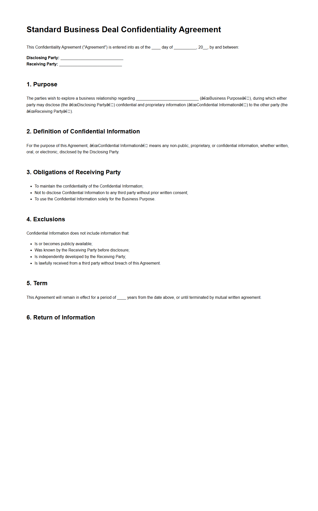 Standard Business Deal Confidentiality Agreement