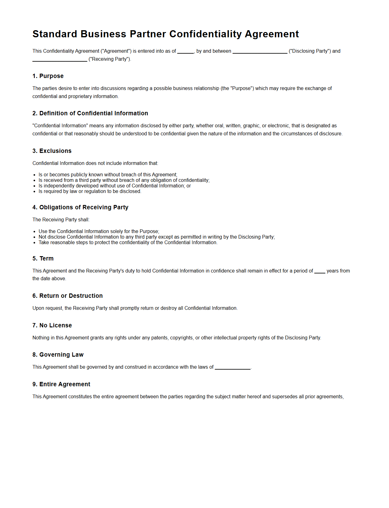 Standard Business Partner Confidentiality Agreement