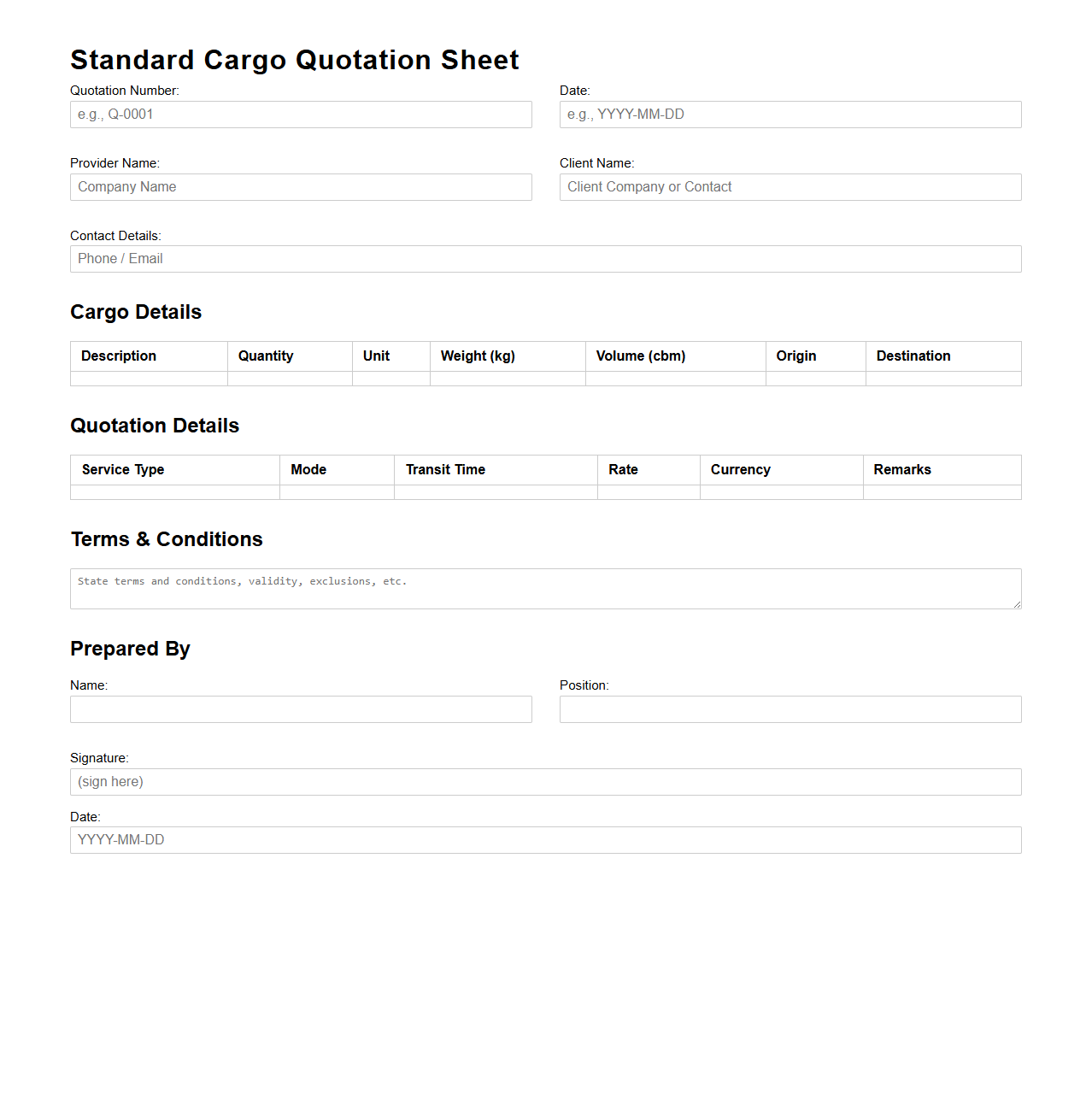 Standard Cargo Quotation Sheet for Distribution Providers
