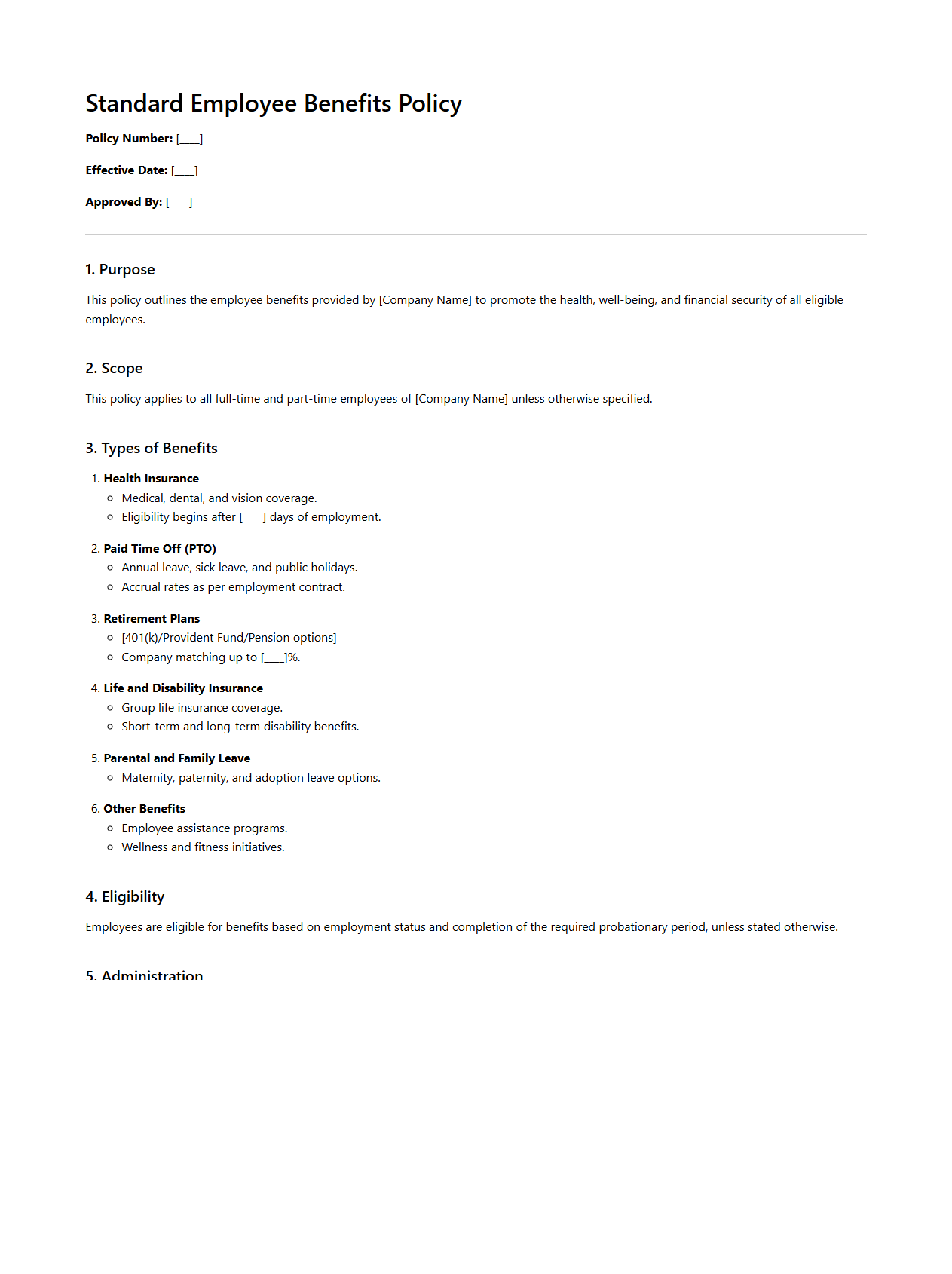 Standard Employee Benefits Policy Format