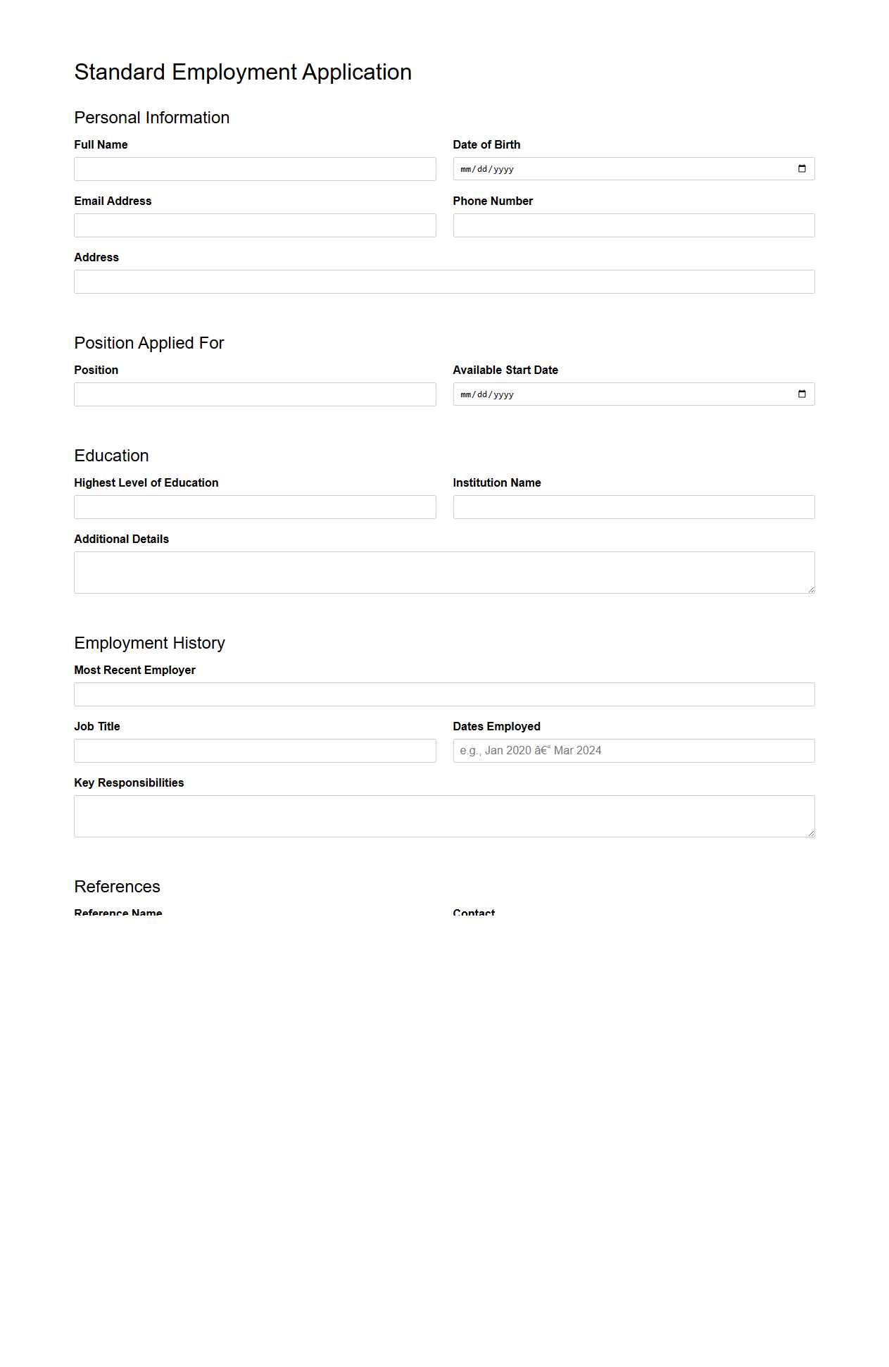 Standard Employment Application Format