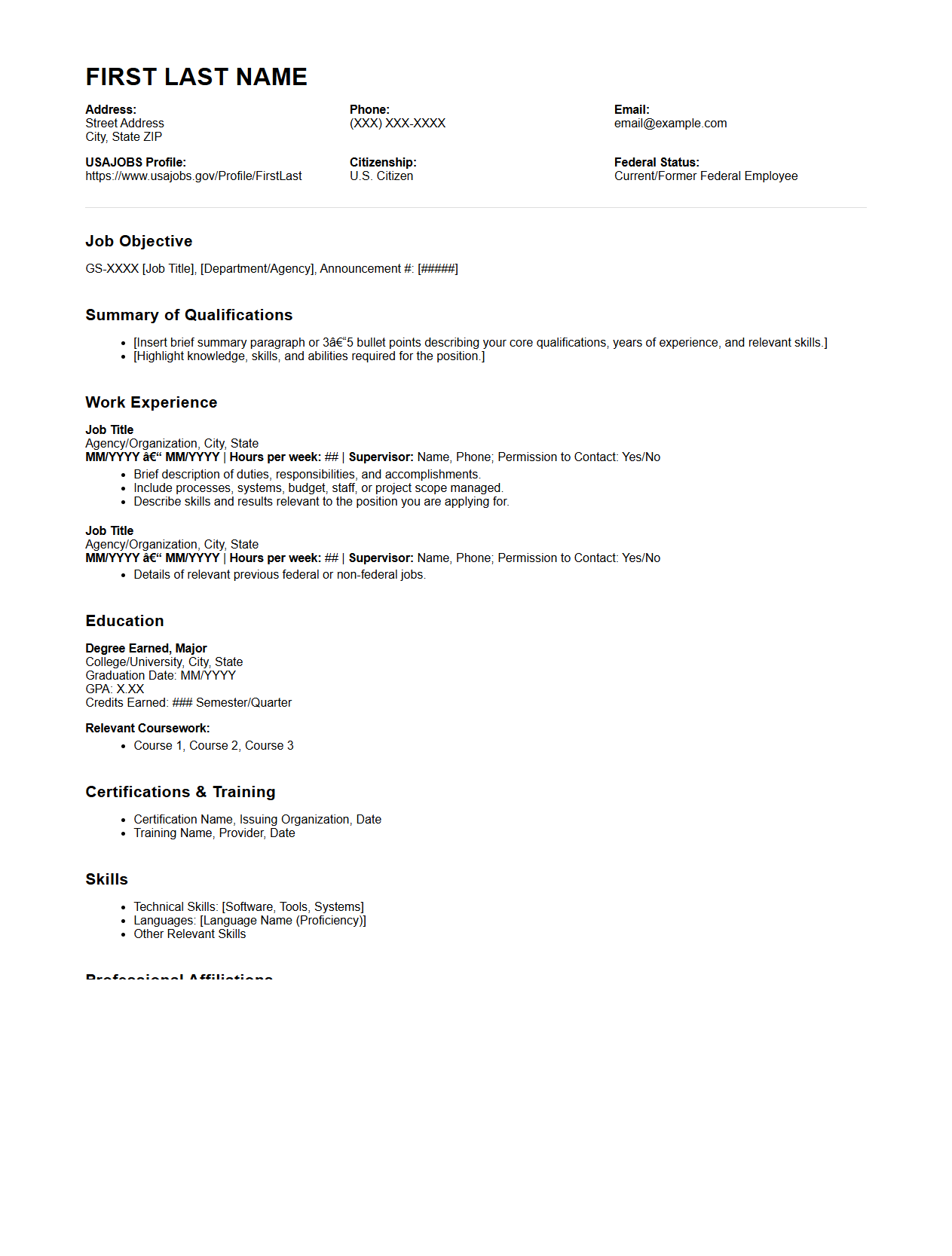 Standard Federal Resume Blueprint for Federal Agencies