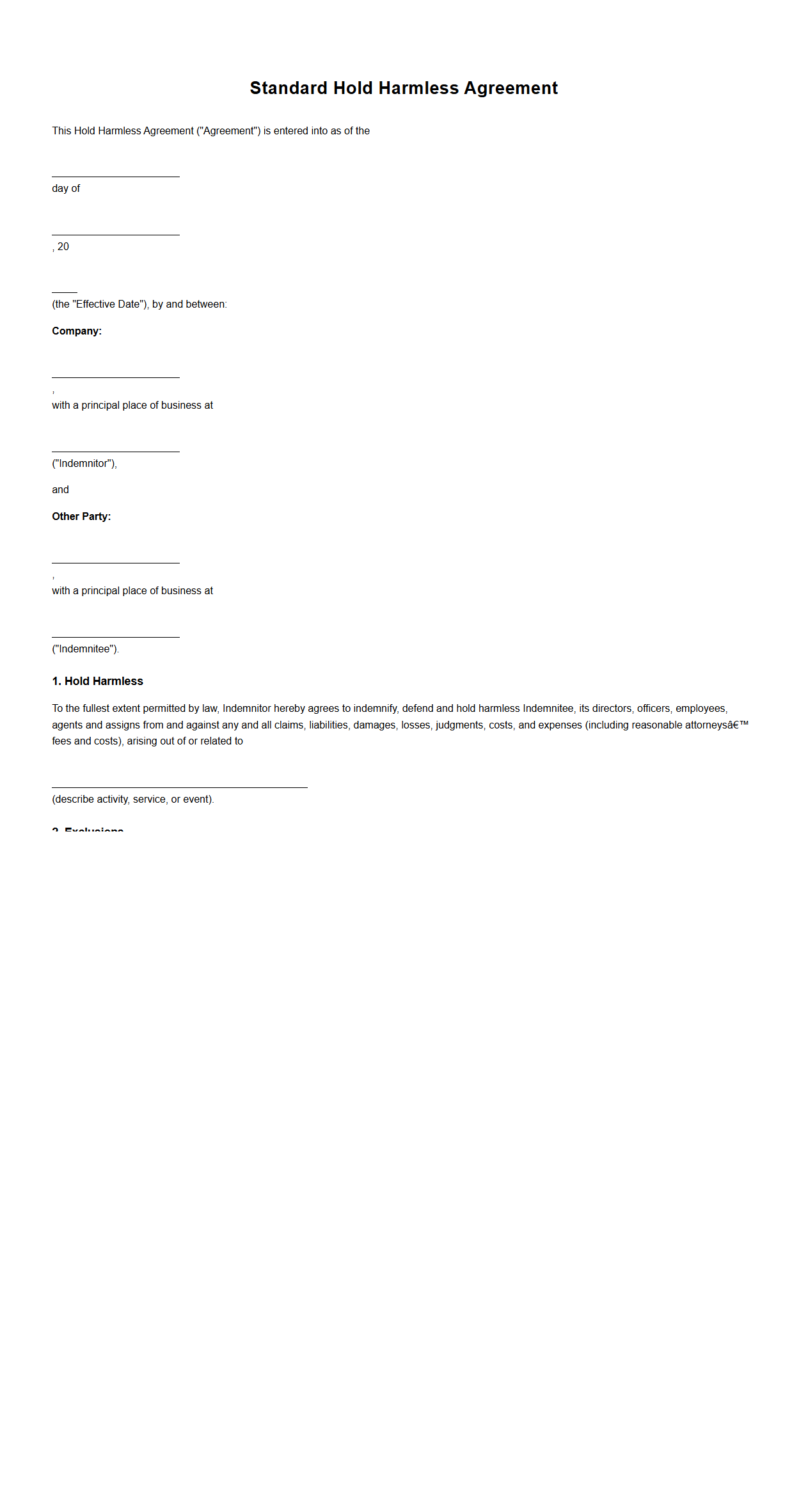 Standard Hold Harmless Agreement Template for Corporate Use
