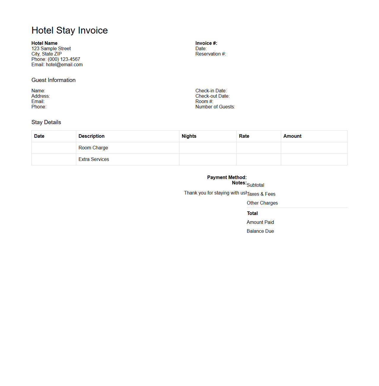 Standard Hotel Stay Invoice Template