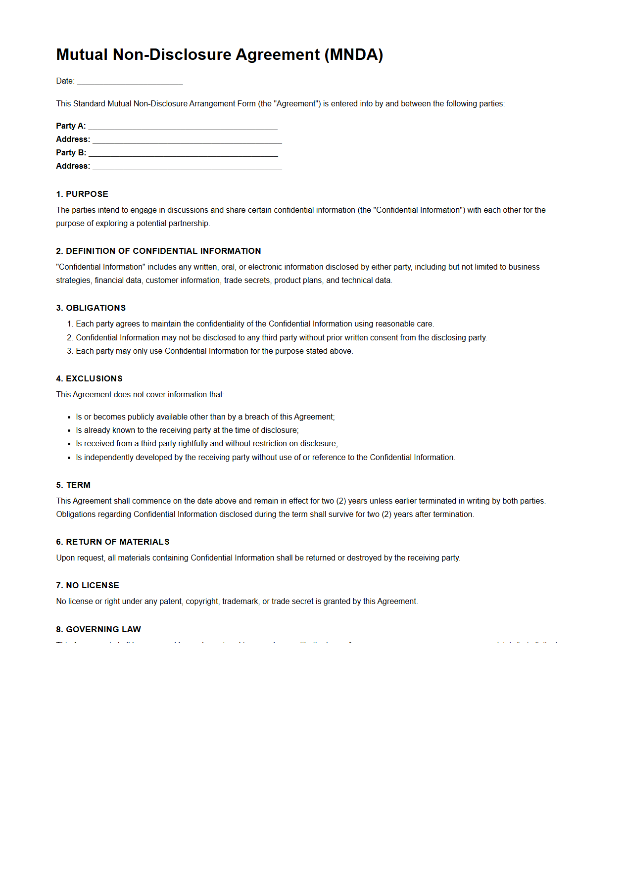 Standard Mutual Non-Disclosure Arrangement Form for Partnerships