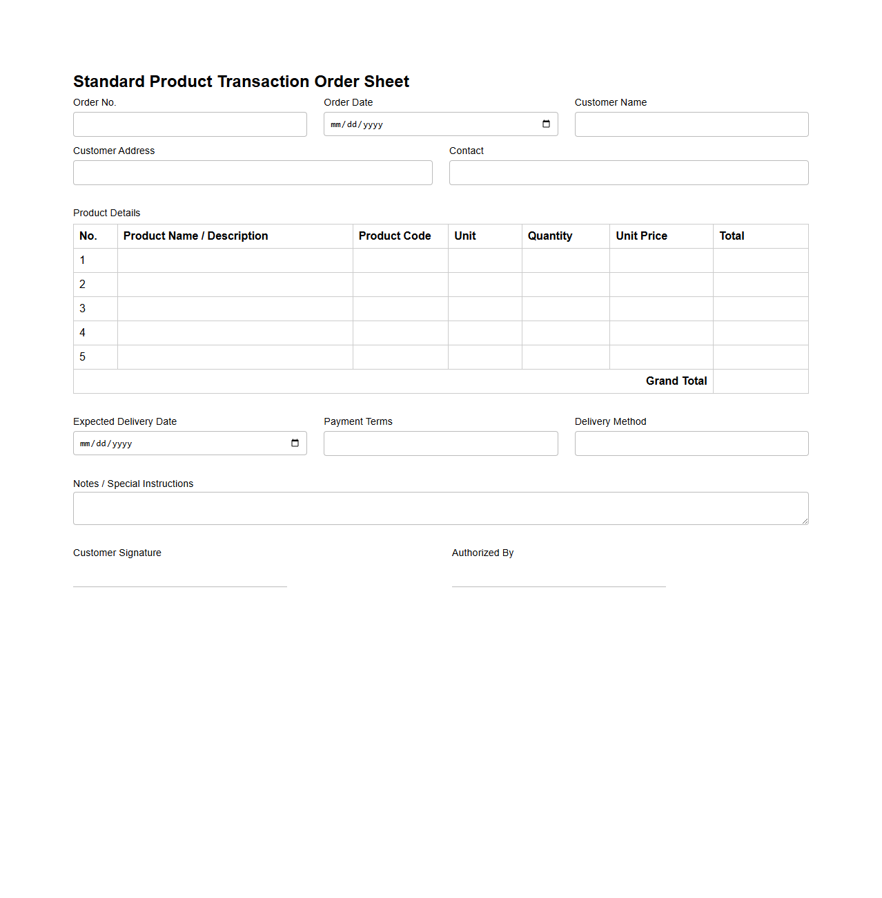 Standard Product Transaction Order Sheet