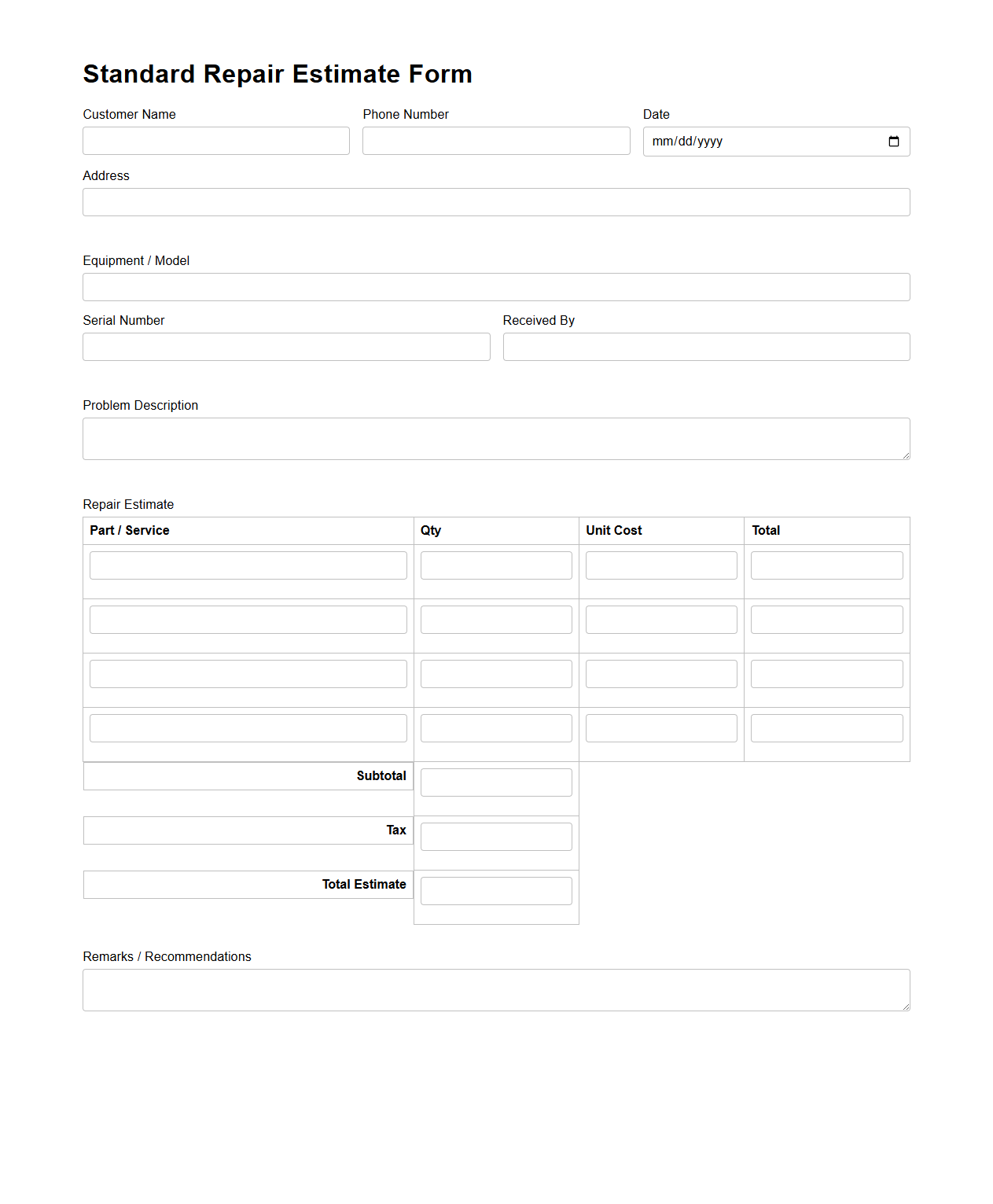 Standard Repair Estimate Form for Technicians