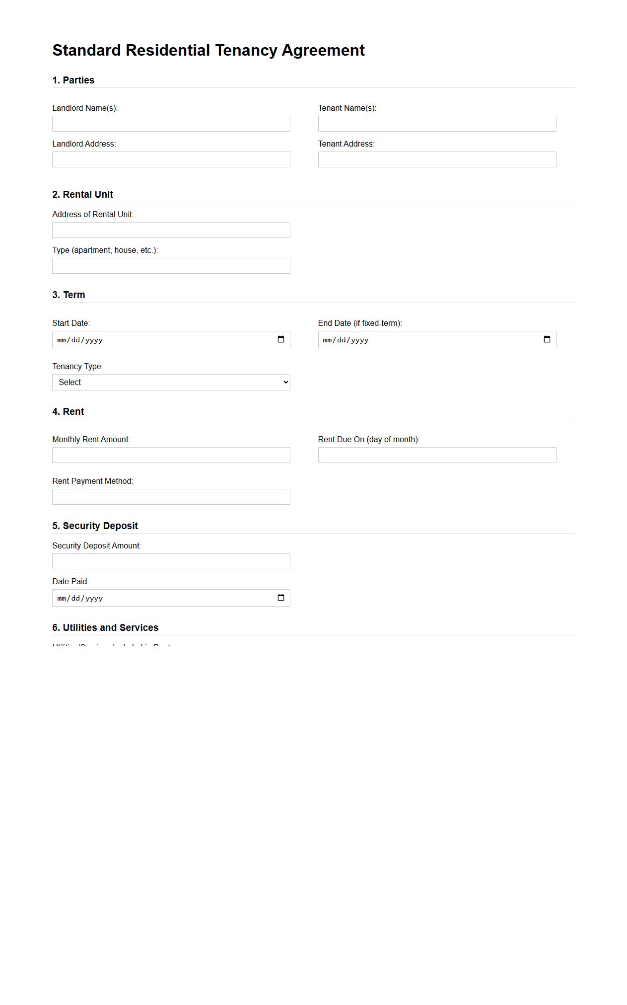 Standard Residential Tenancy Blank Form