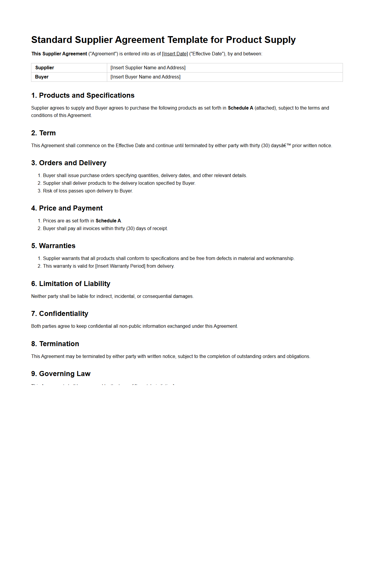 Standard Supplier Agreement Template for Product Supply