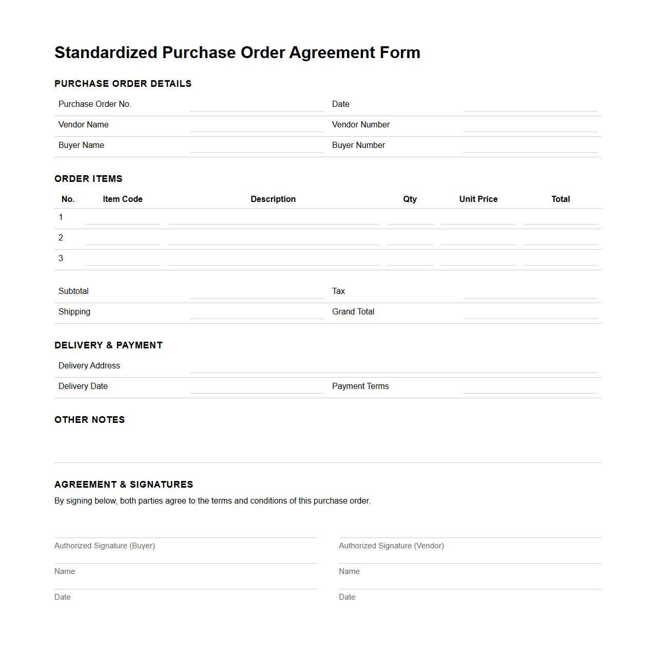 Standardized Purchase Order Agreement Form