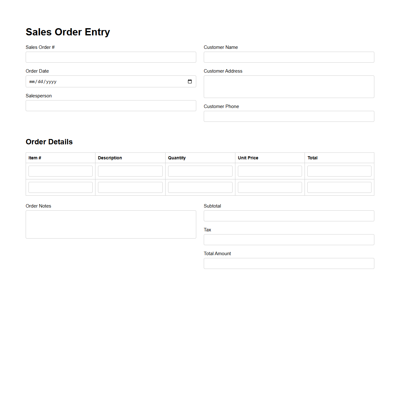 Standardized Sales Order Entry Template