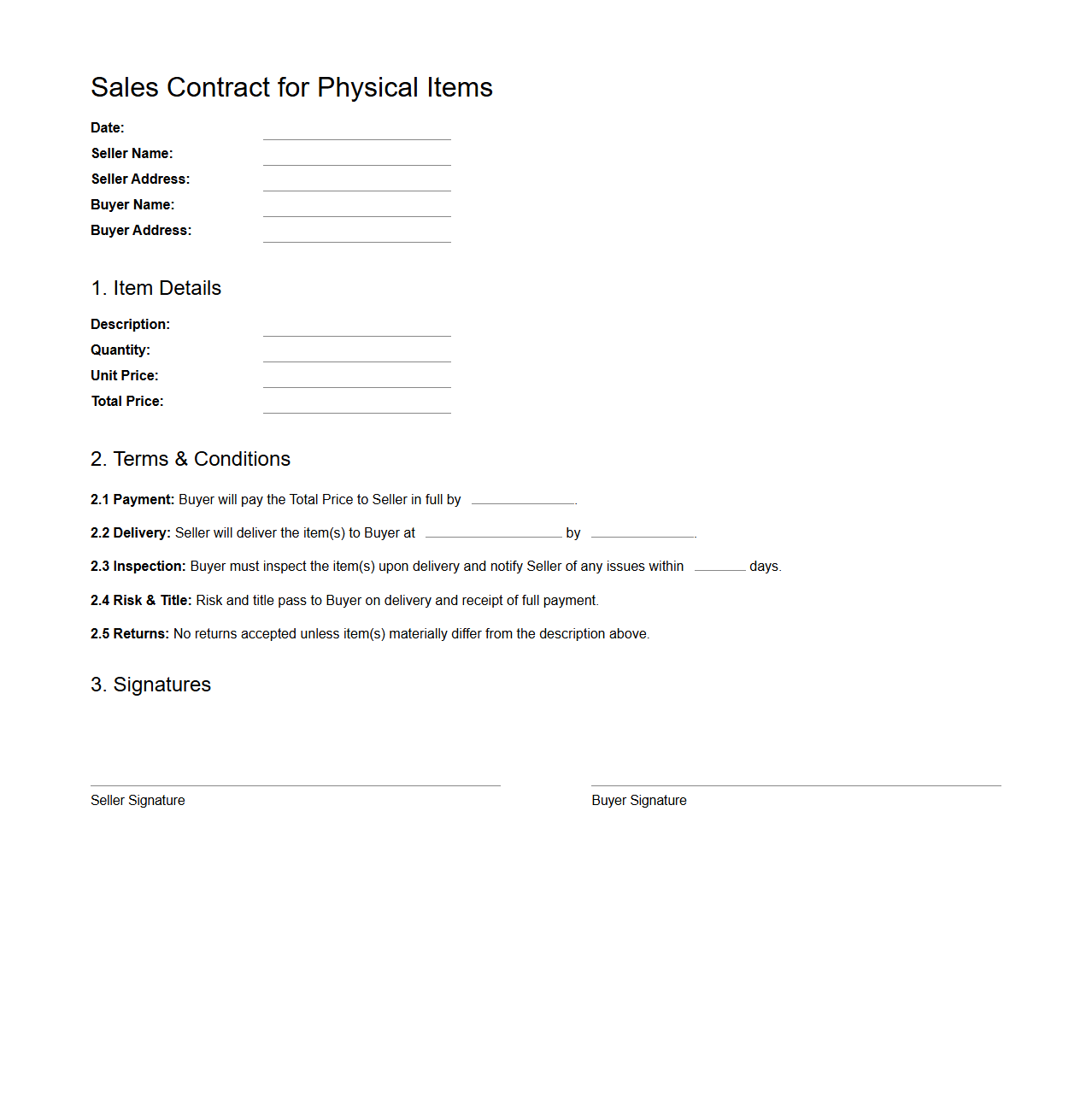 Straightforward Sales Contract for Physical Items
