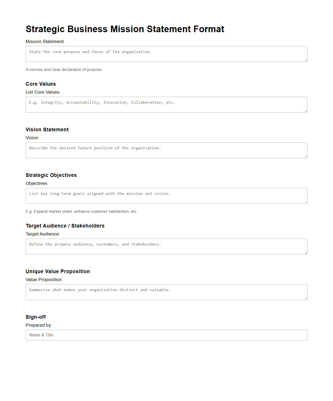 Strategic Business Mission Statement Format