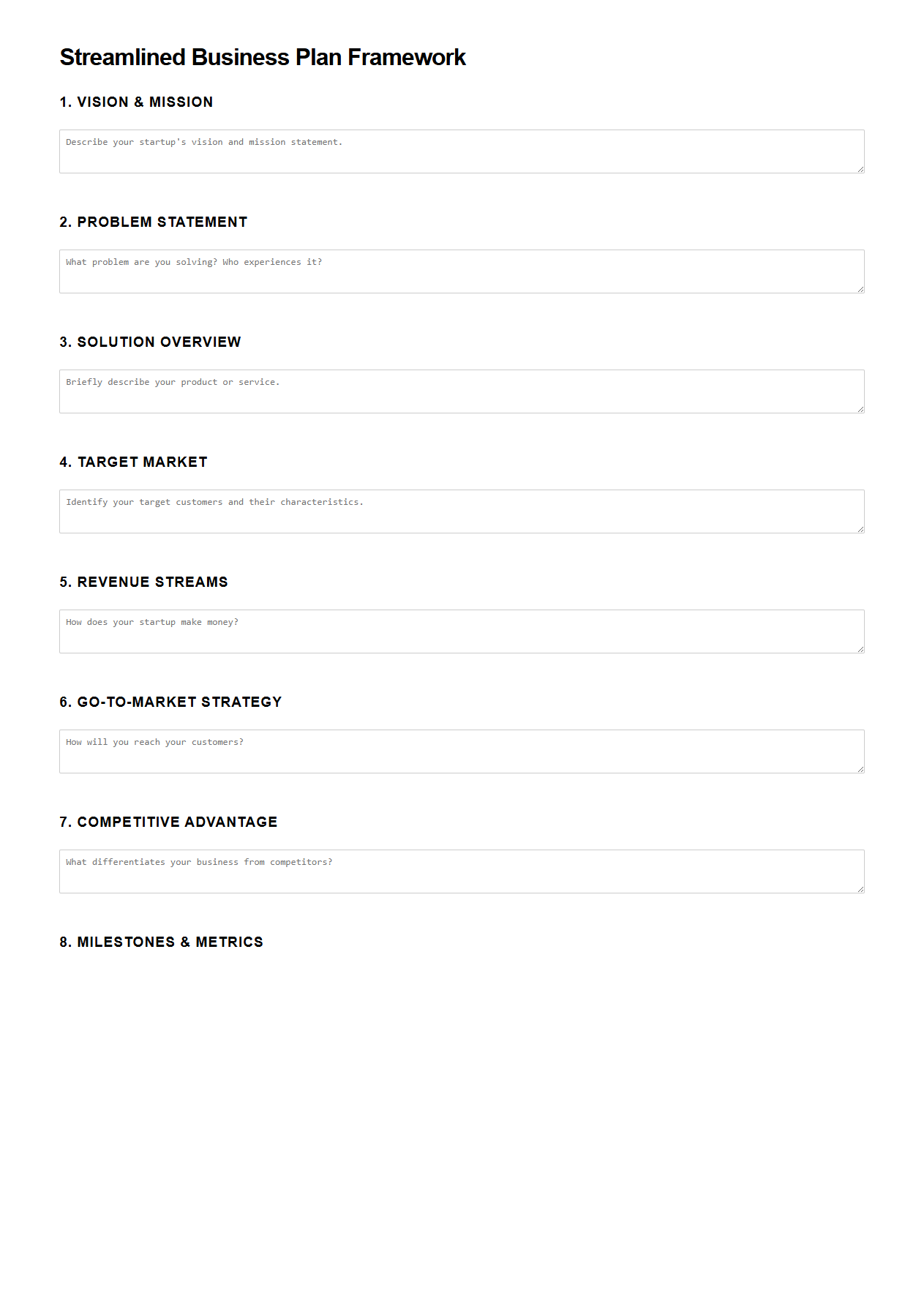 Streamlined Business Plan Framework for Startups