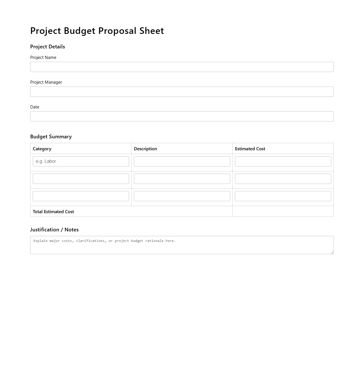 Streamlined Project Budget Proposal Sheet
