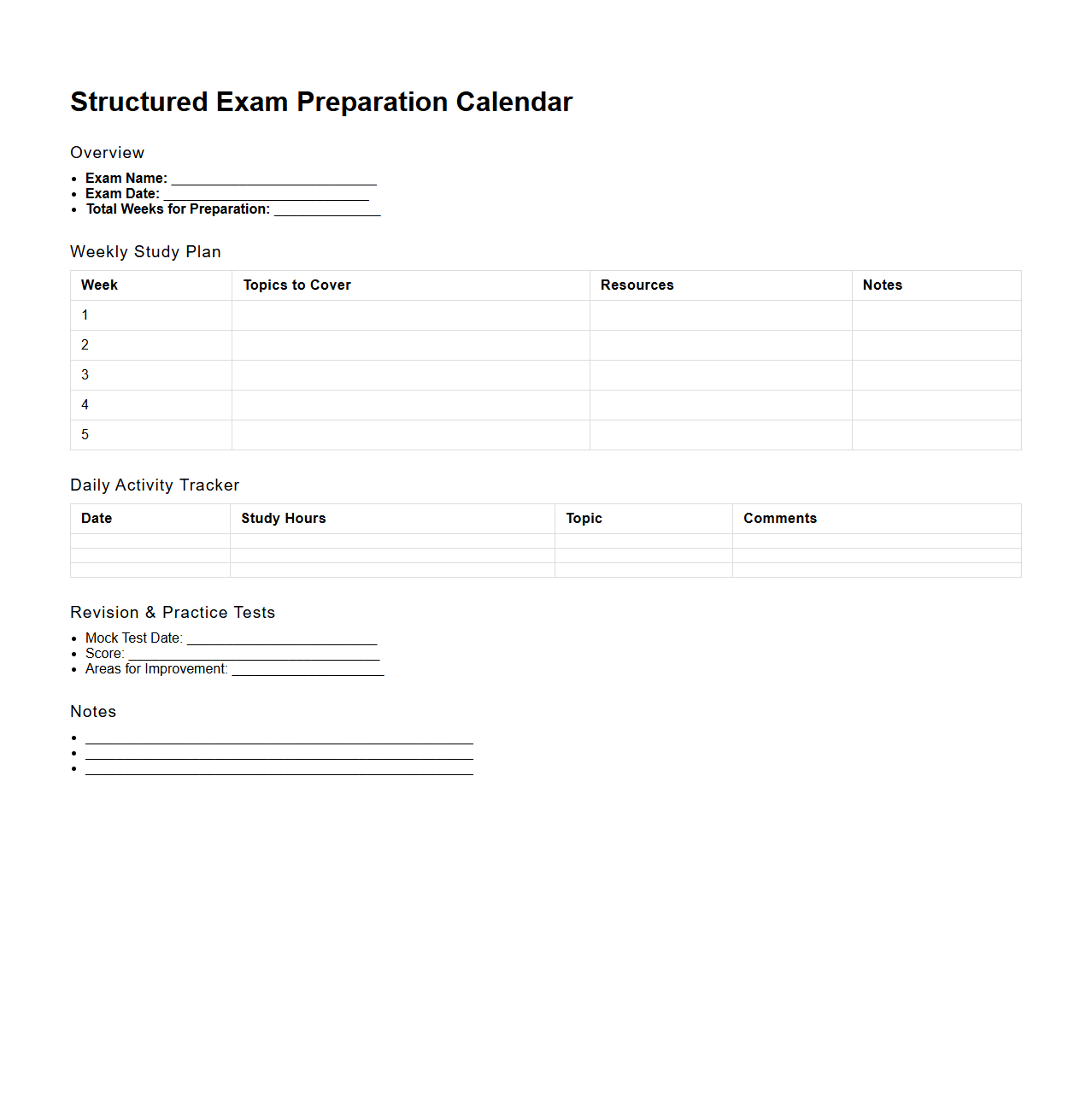 Structured Exam Preparation Calendar