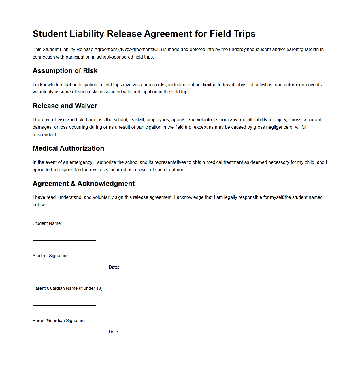 Student Liability Release Agreement for Field Trips