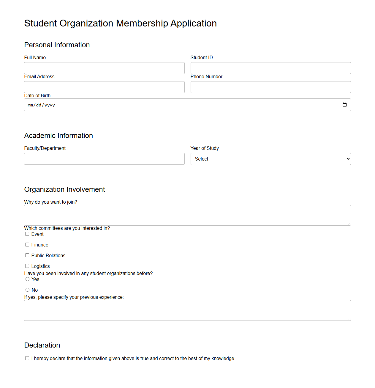 Student Organization Membership Application Template