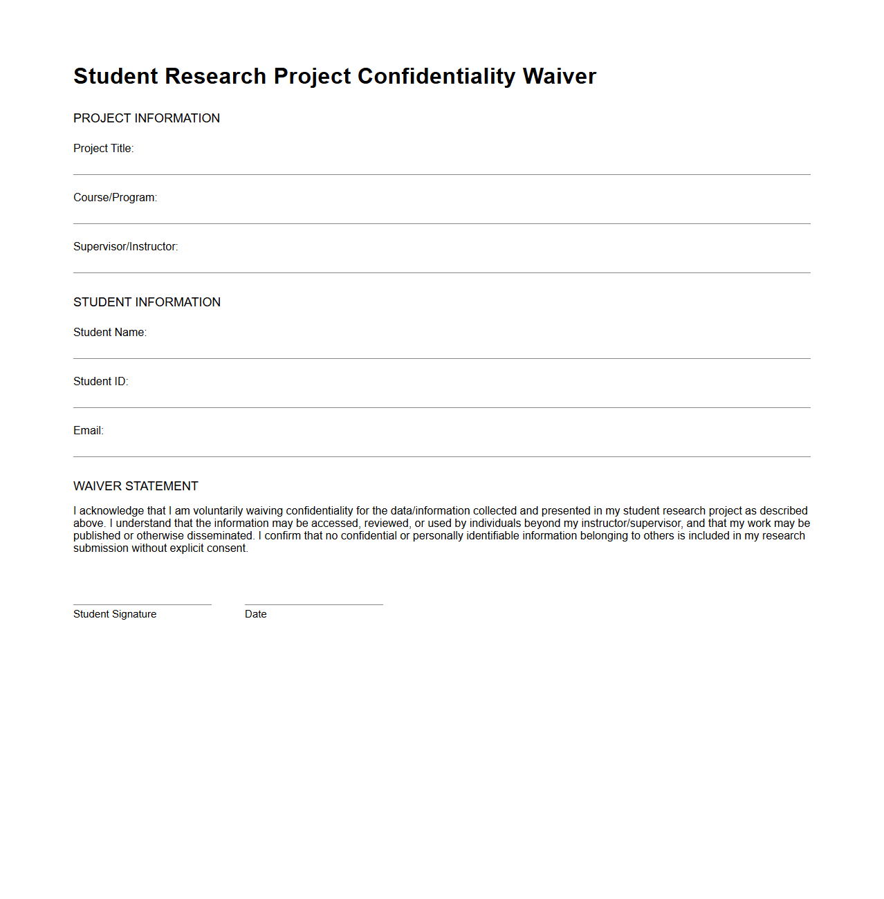 Student Research Project Confidentiality Waiver Template