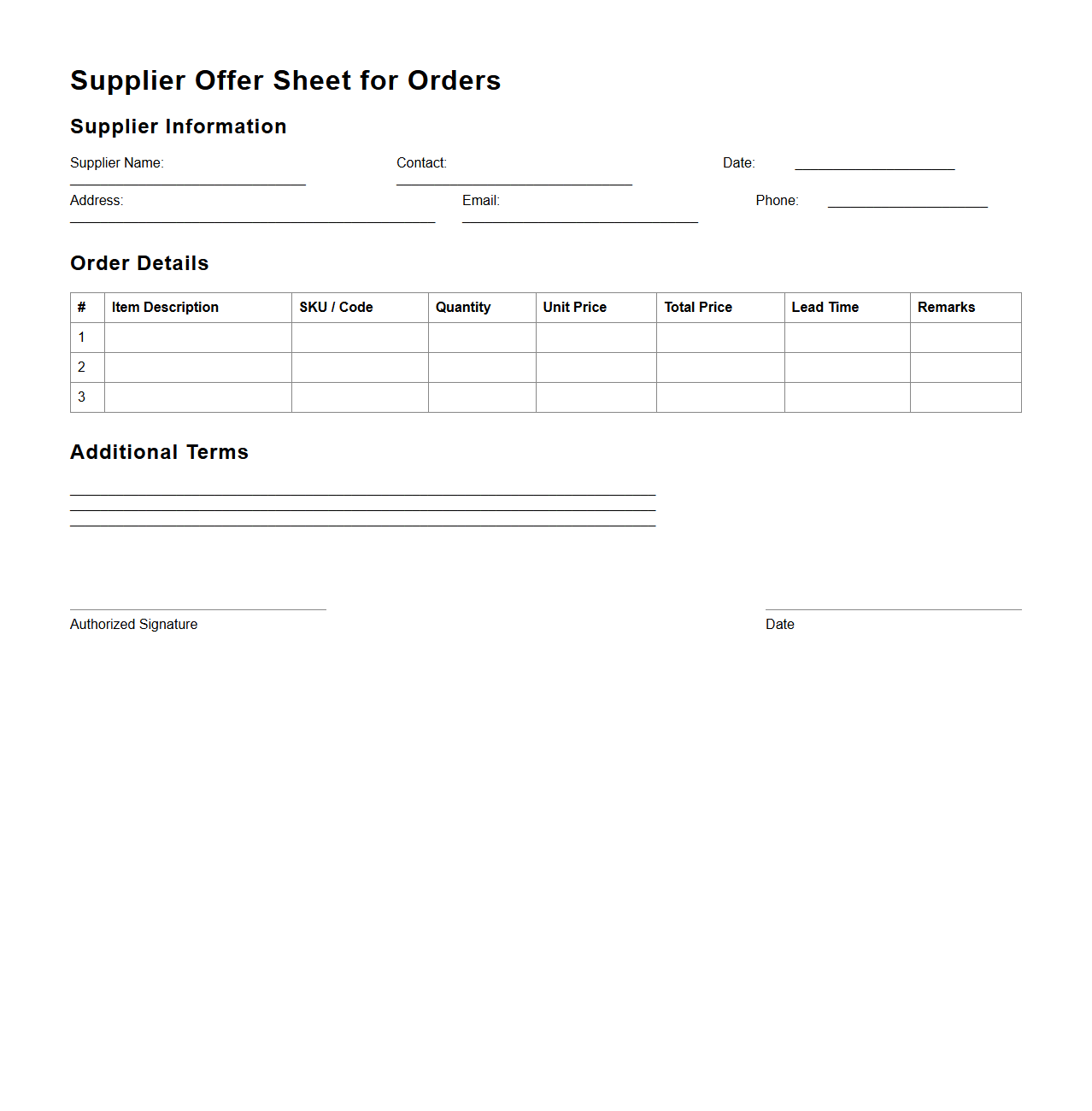 Supplier Offer Sheet for Orders