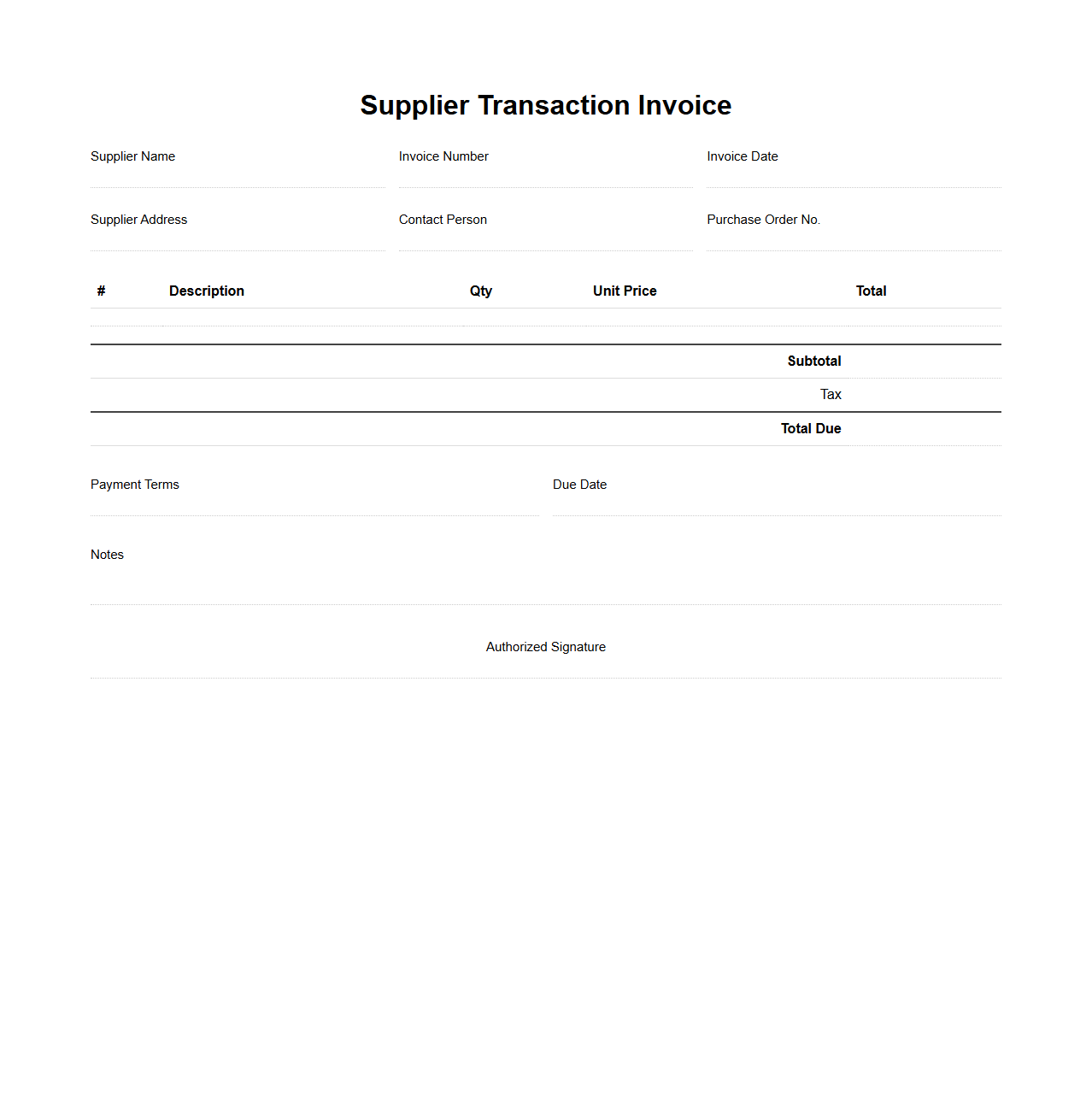 Supplier Transaction Invoice Template