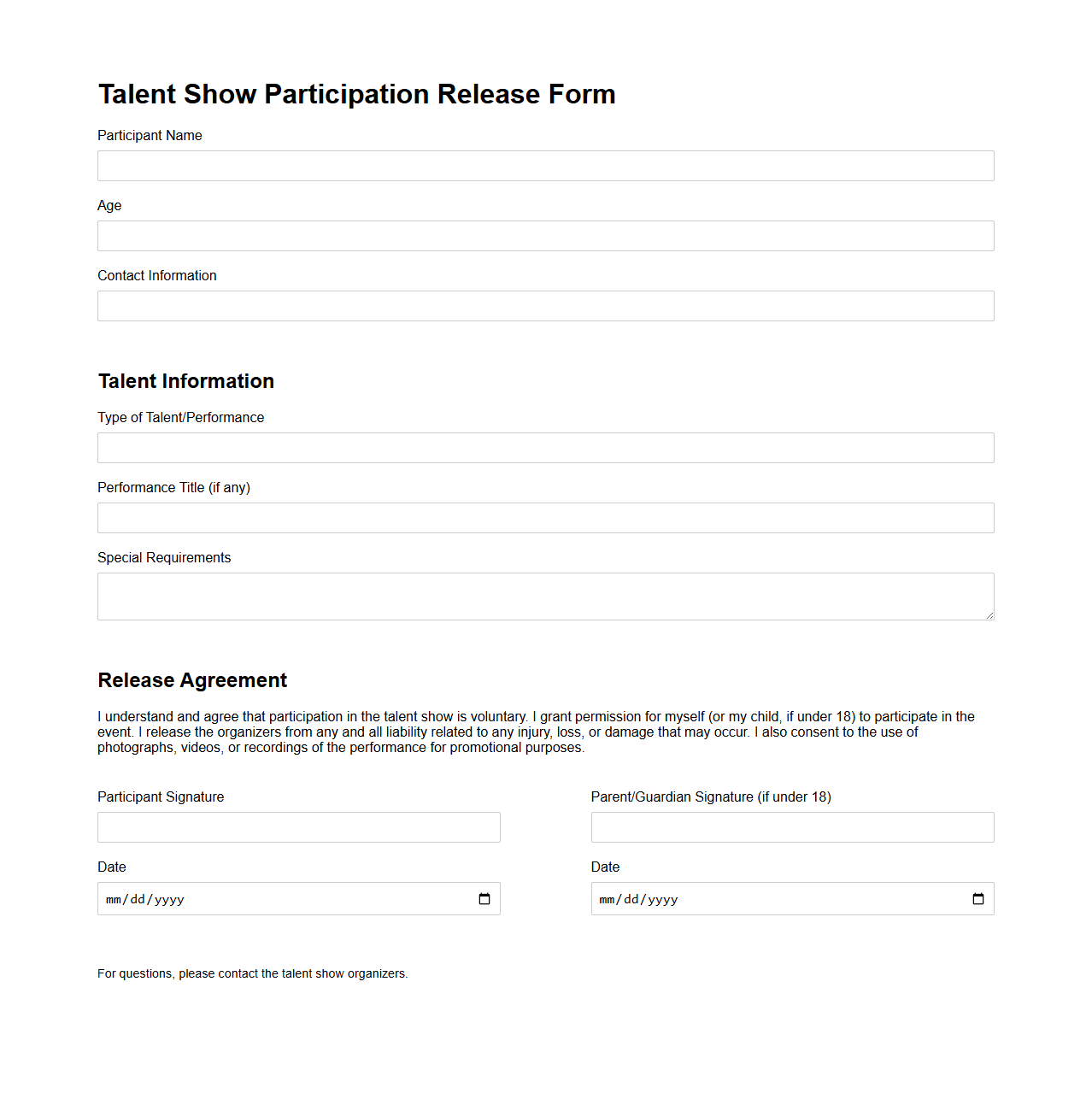 Talent Show Participation Release Form Template
