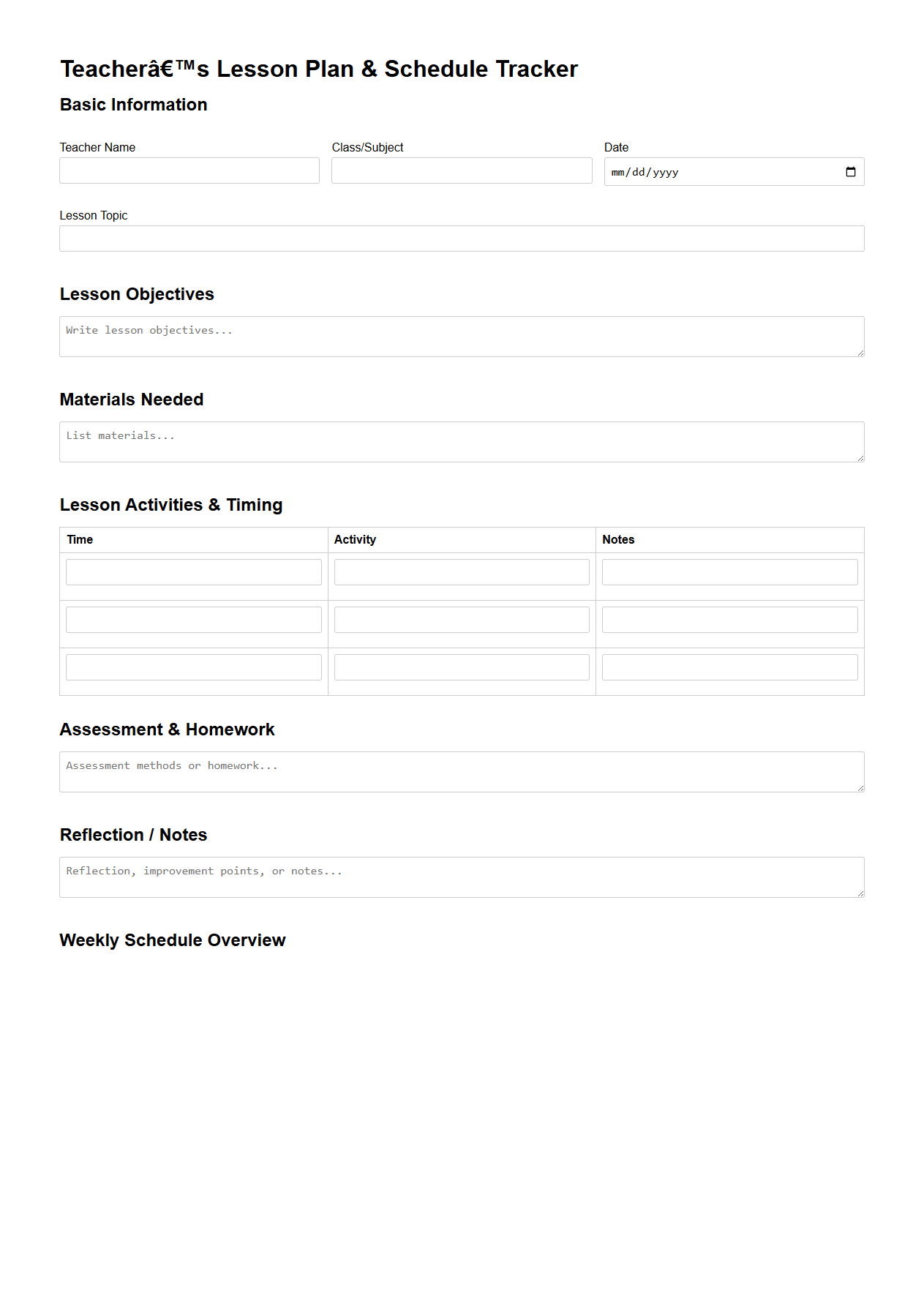 Teacher’s Lesson Plan and Schedule Tracker