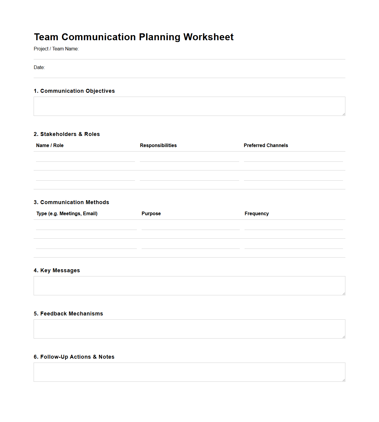 Team Communication Planning Worksheet