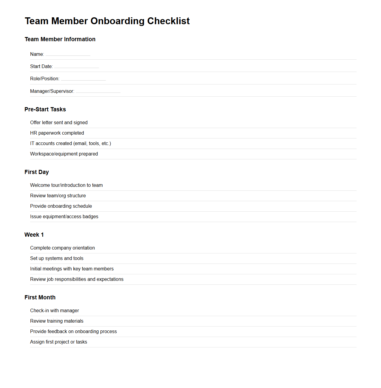 Team Member Onboarding Checklist