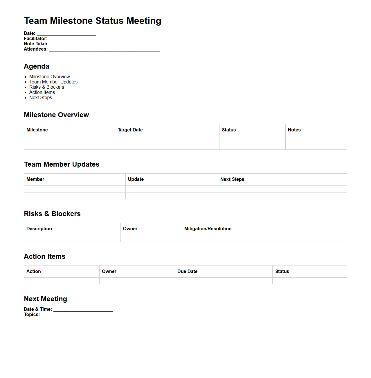 Team Milestone Status Meeting Template