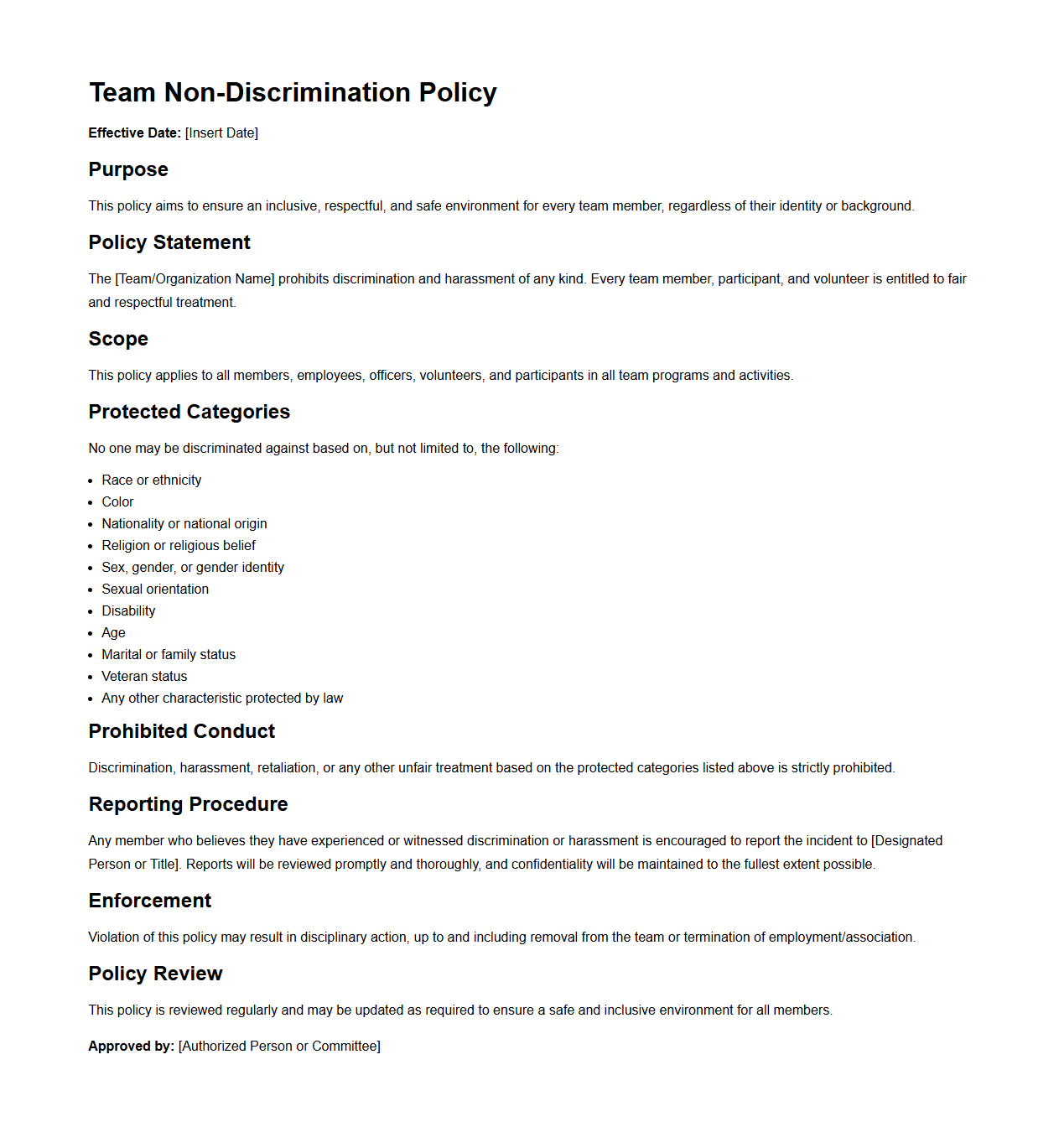 Team Non-Discrimination Policy Sample Draft
