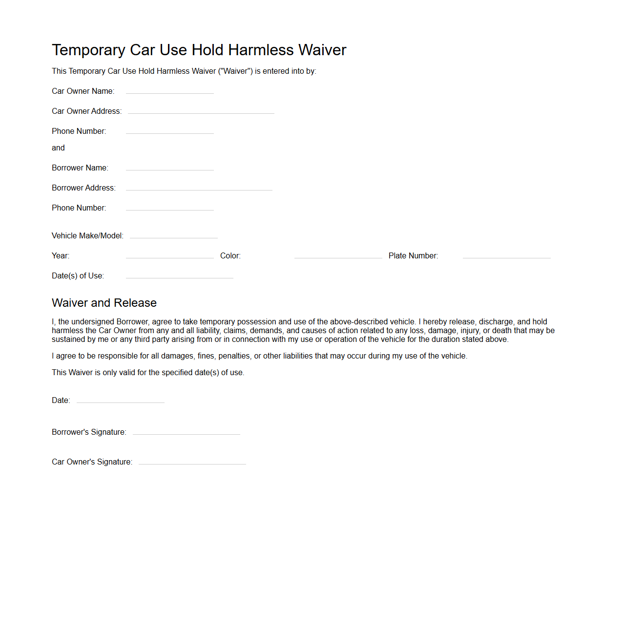 Temporary Car Use Hold Harmless Waiver